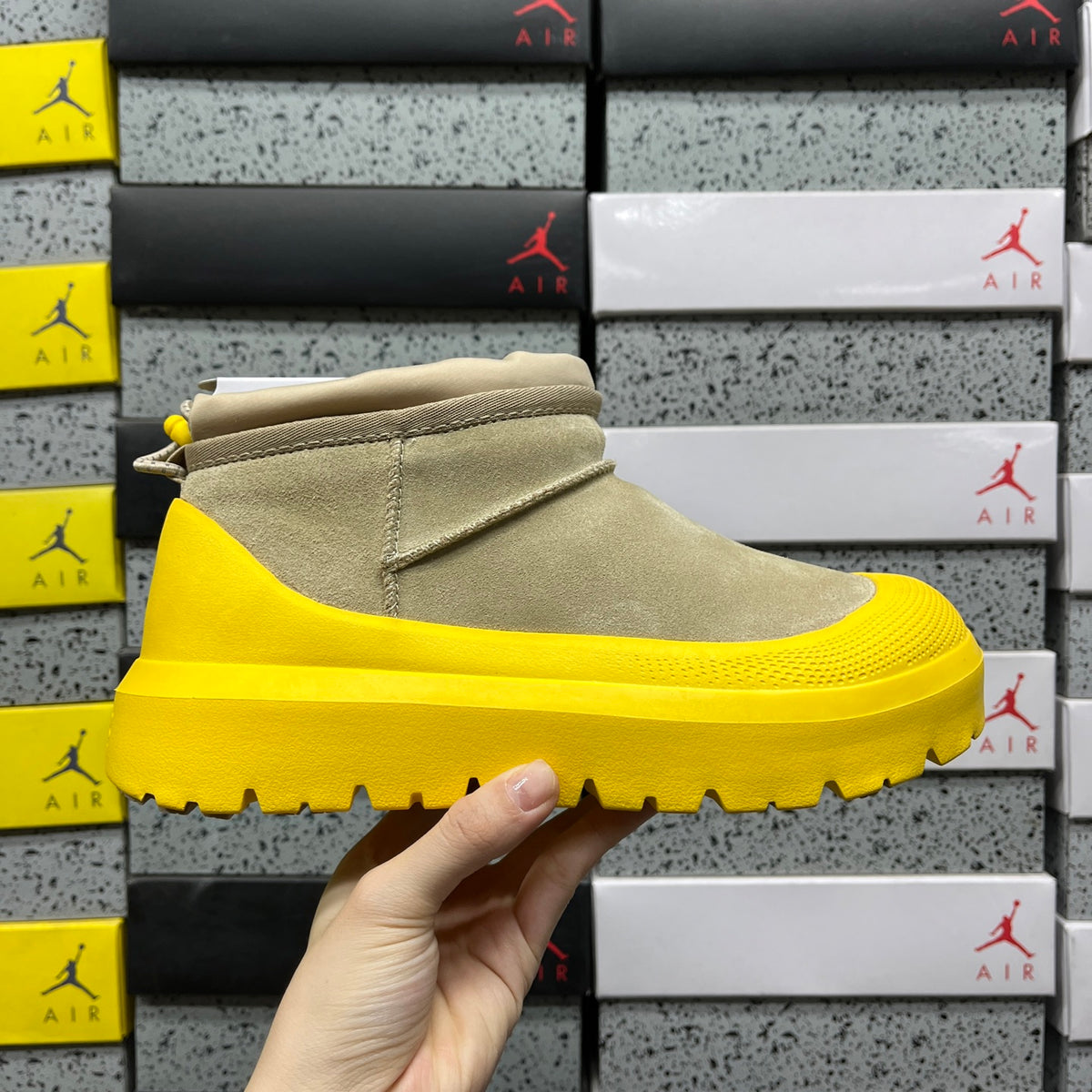 UGG Slip-On Ankle Boots in Beige with Yellow Chunky Lug Sole