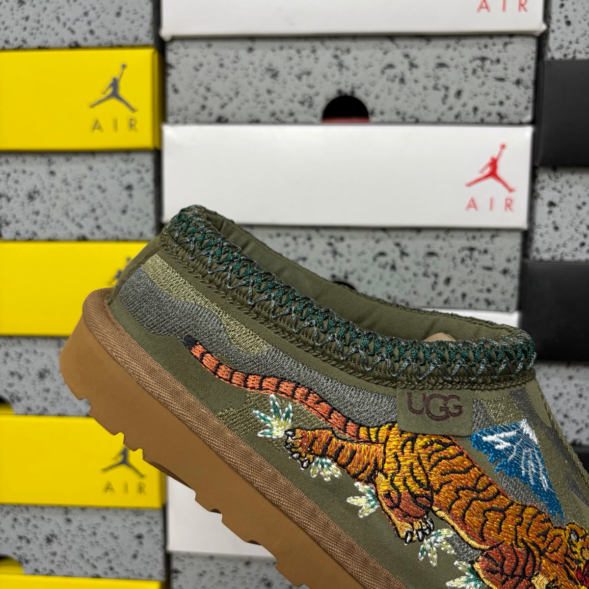 UGG Olive Green Slip-On Shoes with Dragon and Tiger Embroidery