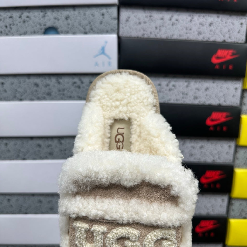UGG Embroidered Mule Slippers in Khaki with Cream Plush Trim