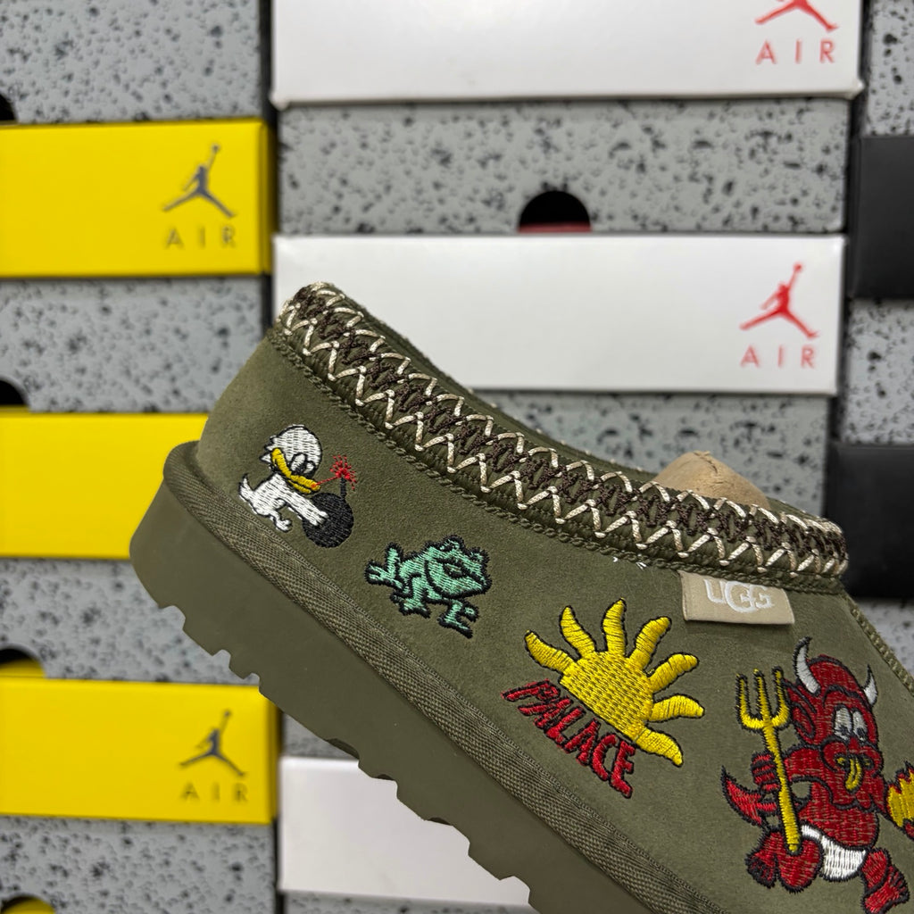 UGG Olive Green Slip-On Shoes with Colorful Cartoon Embroidery