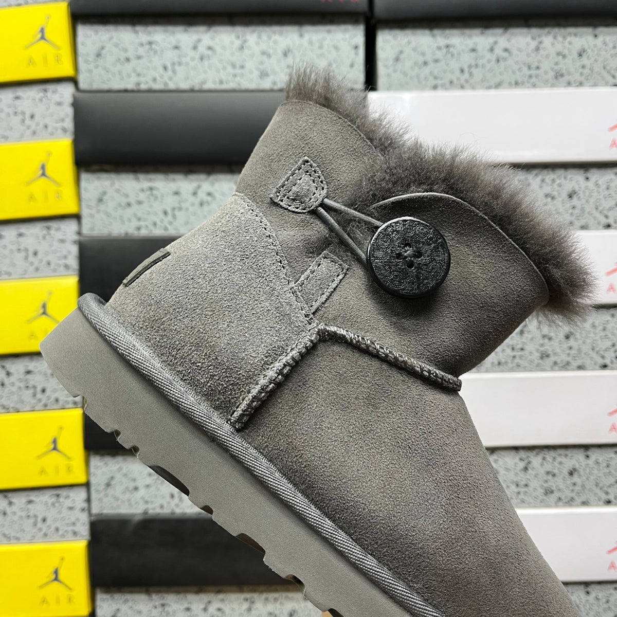 UGG Button-Detail Mini Boots in Gray with Plush Lining