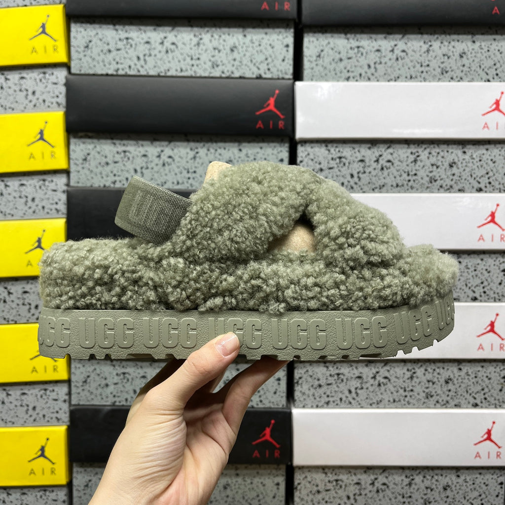 UGG Fluffy Platform Sandals in Green with Crossover Straps