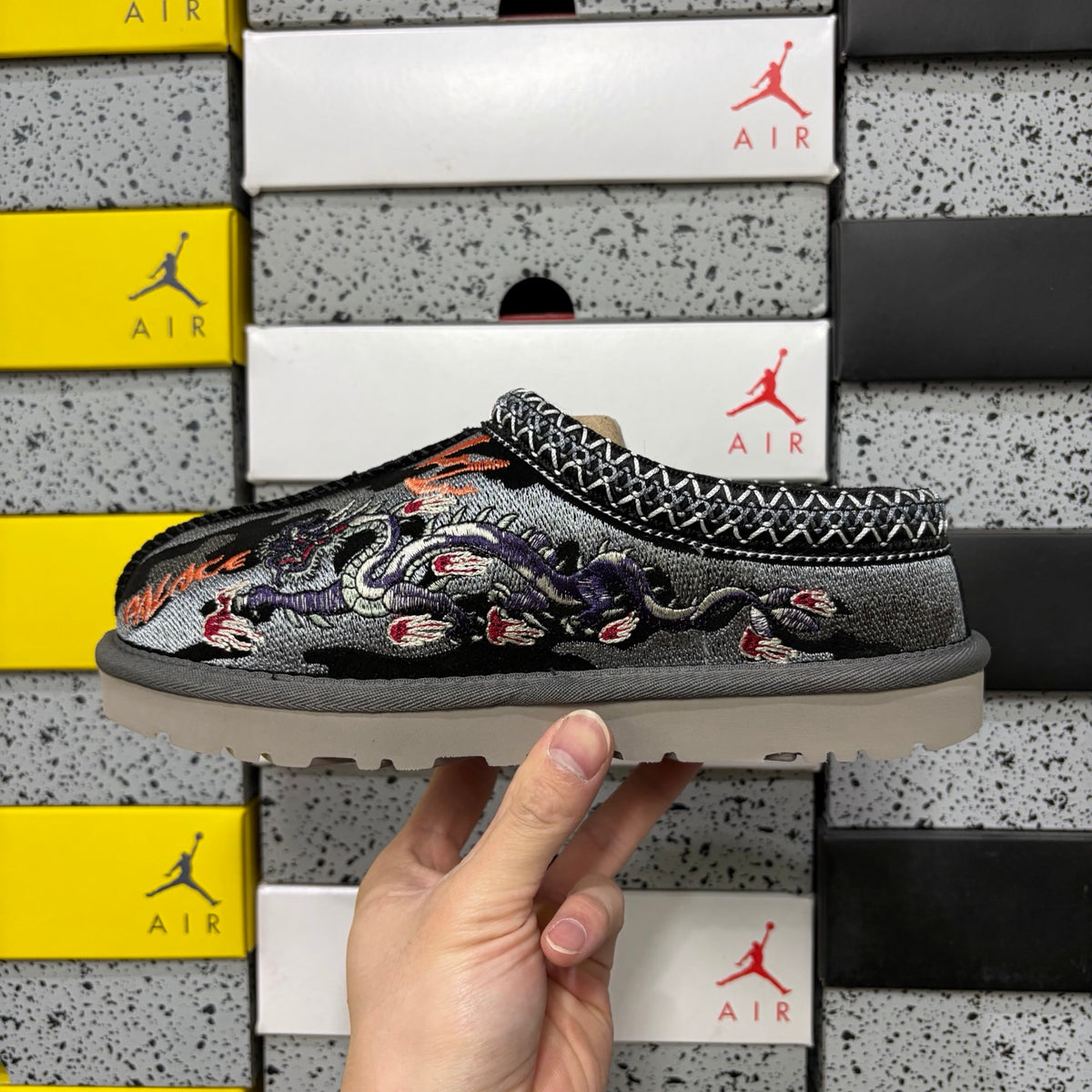 UGG Black Slip-On Shoes with Dragon and Tiger Embroidery
