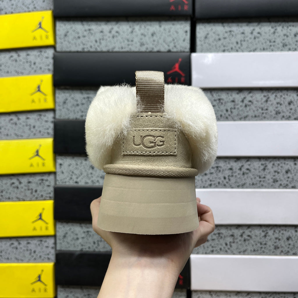 UGG Platform Slippers in Sand with Cream Plush Collar