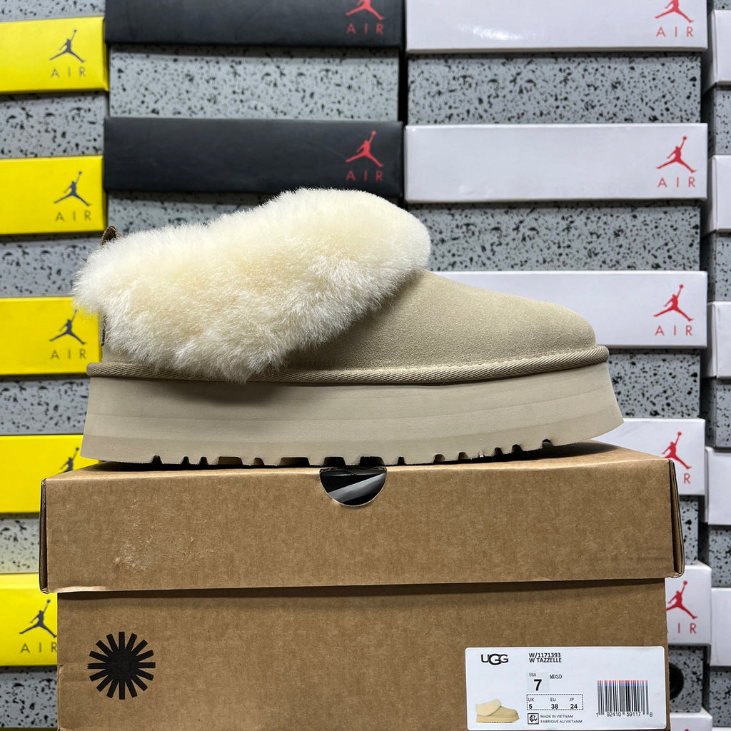 UGG Platform Slippers in Sand with Cream Plush Collar