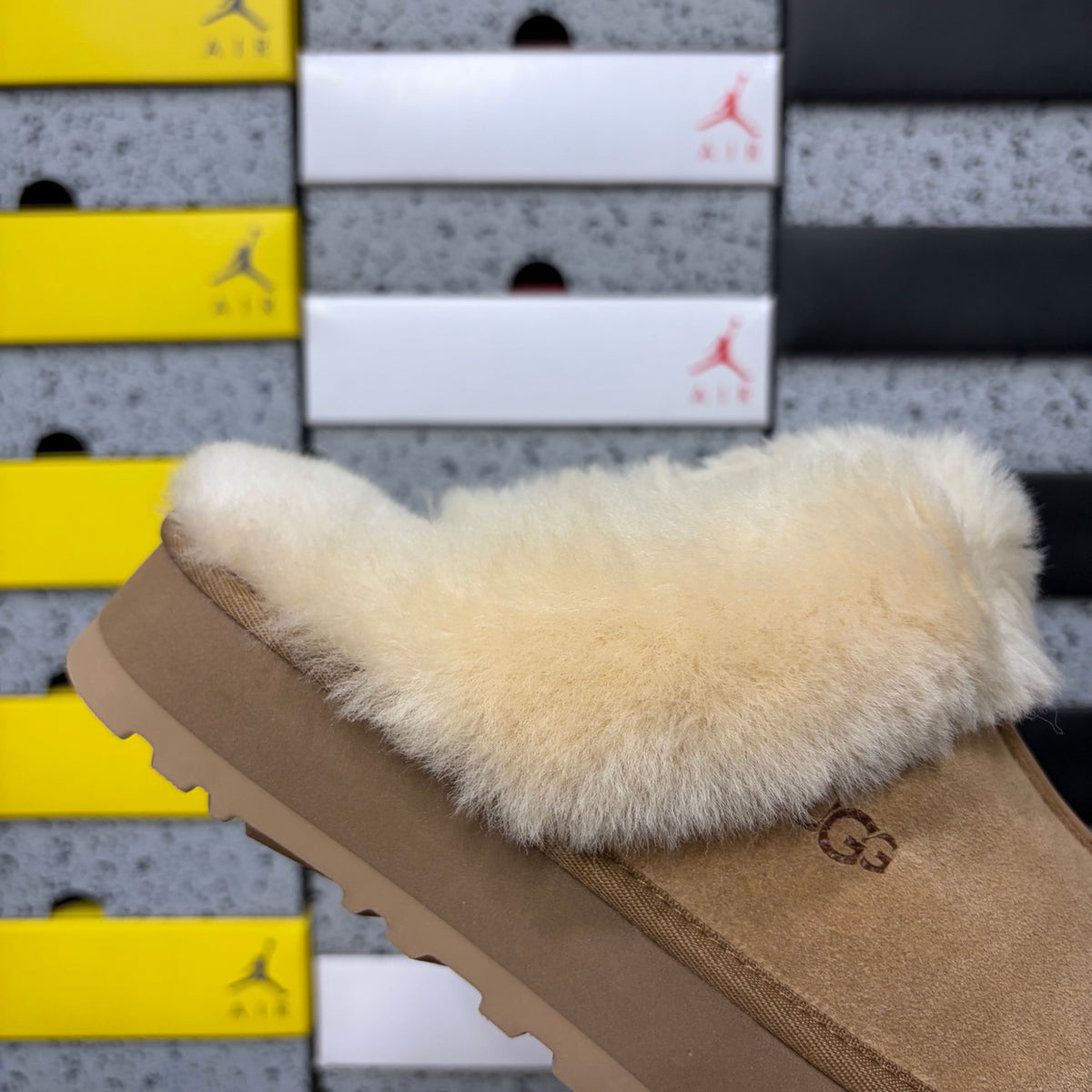 UGG Platform Slippers in Chestnut with Plush Collar