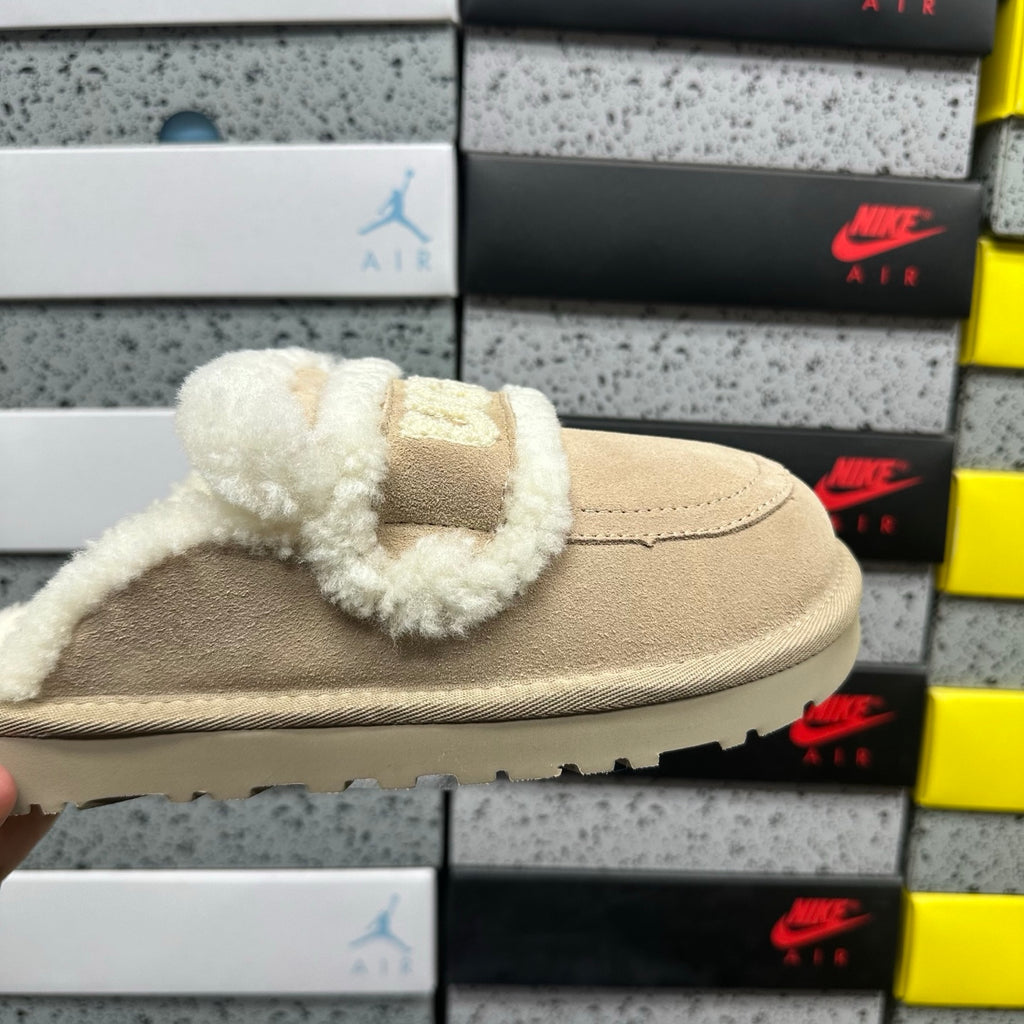 UGG Embroidered Mule Slippers in Khaki with Cream Plush Trim