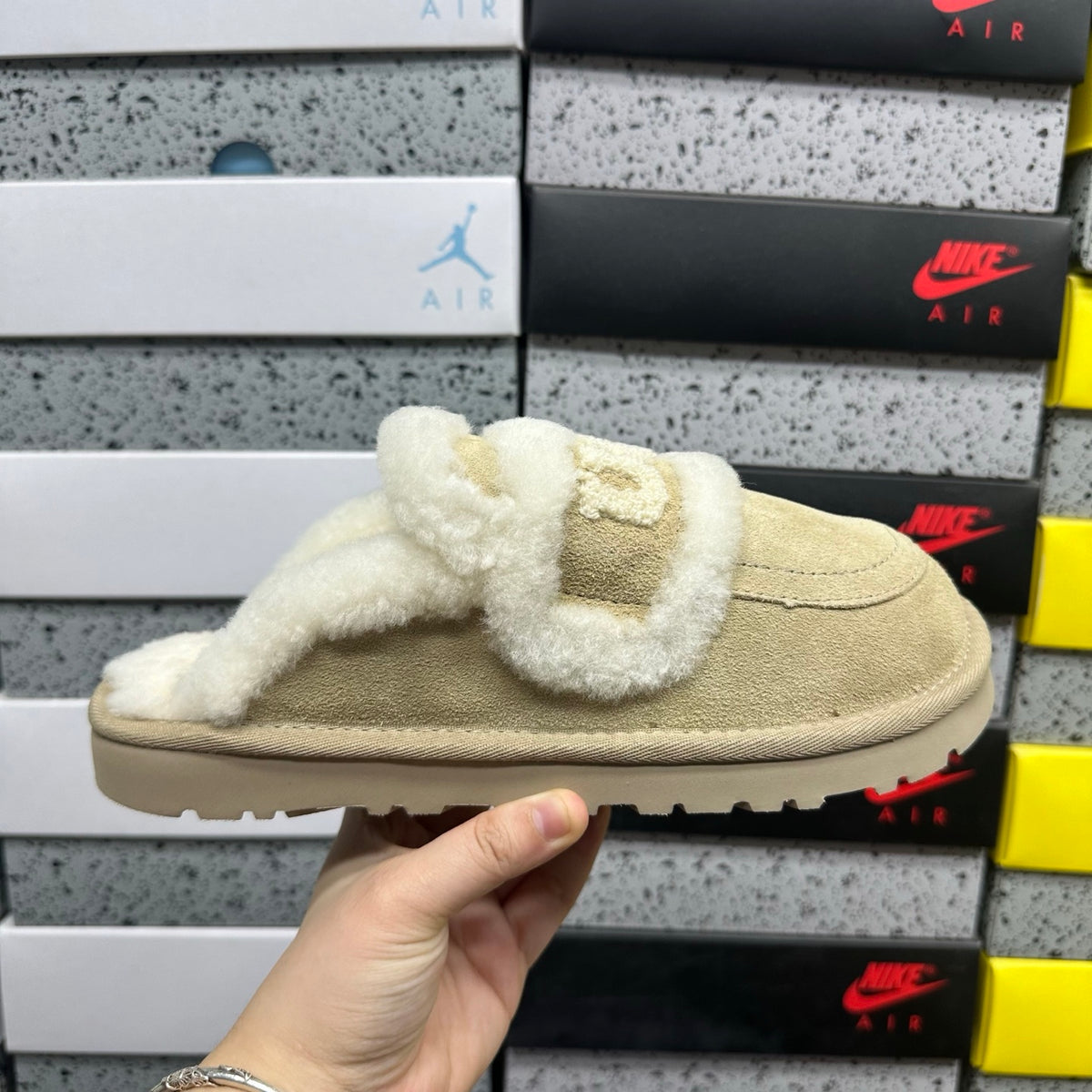 UGG Mule Slippers in Sand with Cream Plush Trim