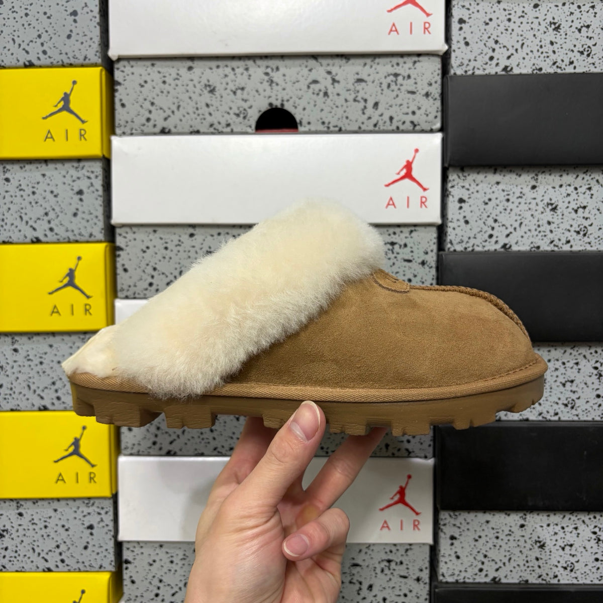 UGG Chestnut Mule Slippers with Cream Plush Collar and Notched Sole