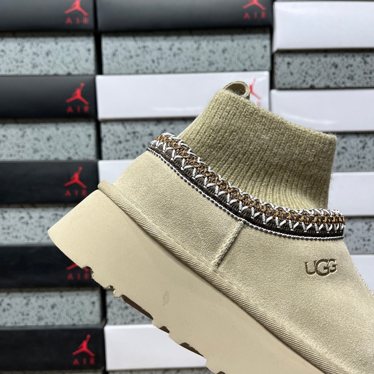UGG Platform Ankle Boots in Mustard Seed with Ribbed Knit Collar