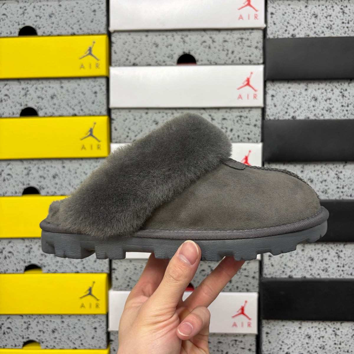 UGG Gray Mule Slippers with Plush Collar and Notched Sole