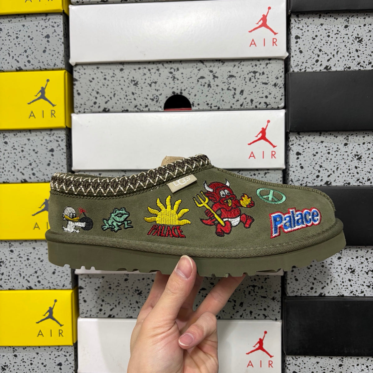 UGG Olive Green Slip-On Shoes with Colorful Cartoon Embroidery