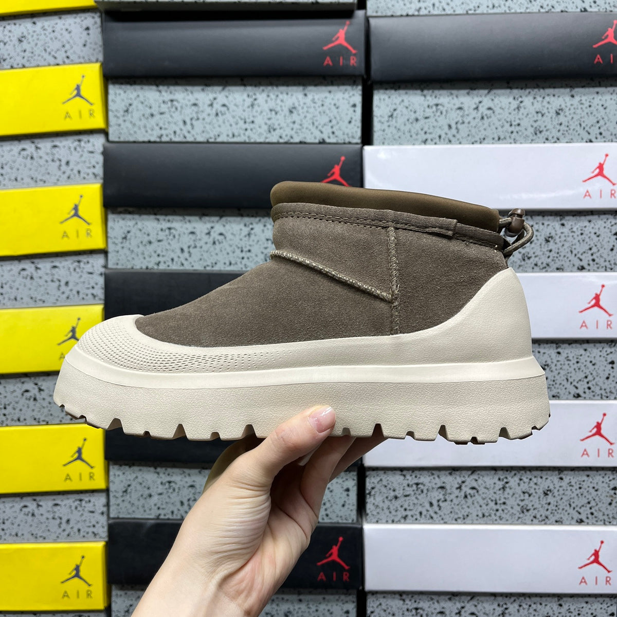 UGG Slip-On Ankle Boots in Olive Green with Cream Chunky Lug Sole