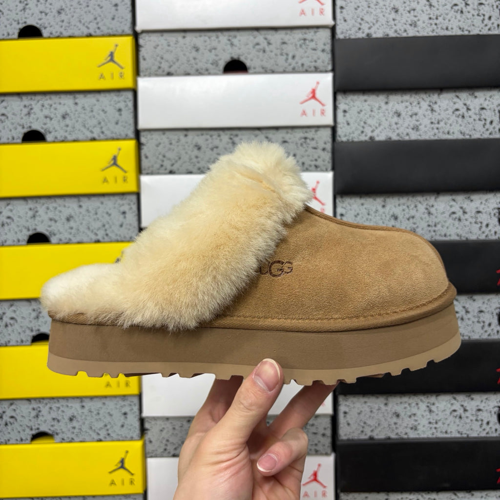 UGG Platform Slippers in Chestnut with Plush Collar