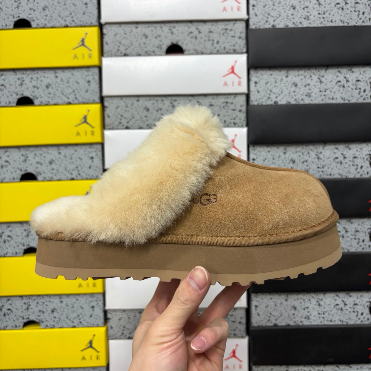 UGG Platform Slippers in Chestnut with Plush Collar