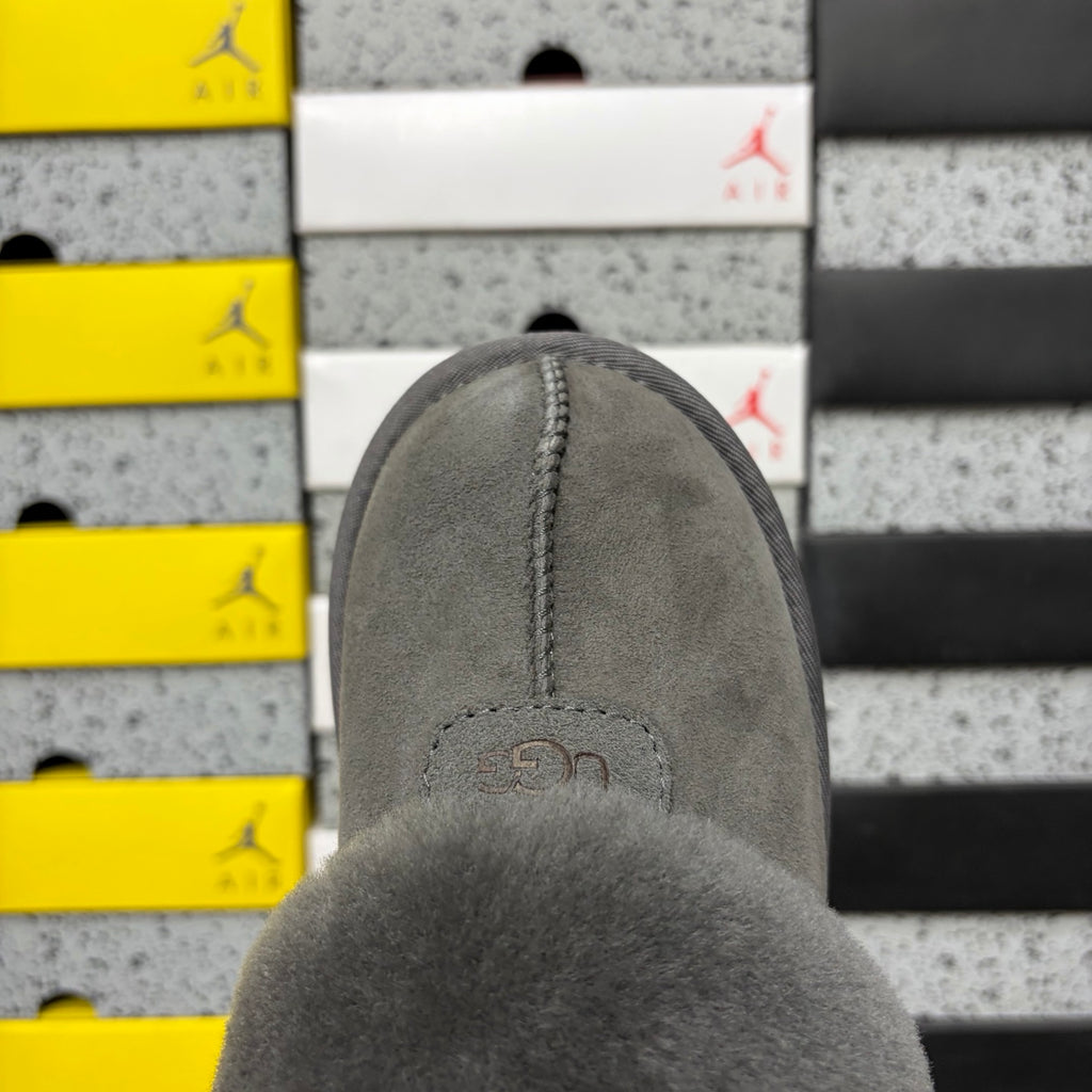 UGG Gray Mule Slippers with Plush Collar and Notched Sole