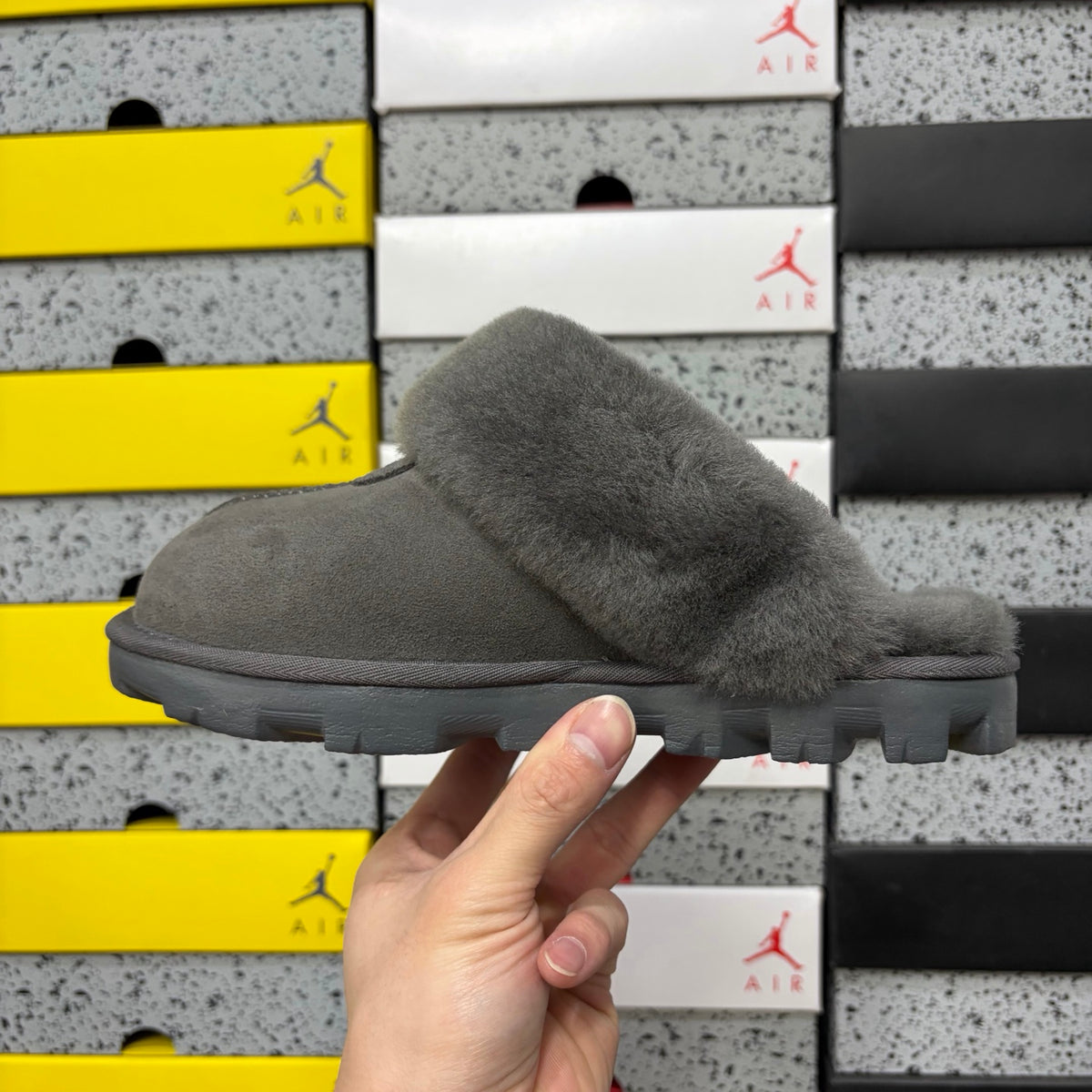 UGG Gray Mule Slippers with Plush Collar and Notched Sole