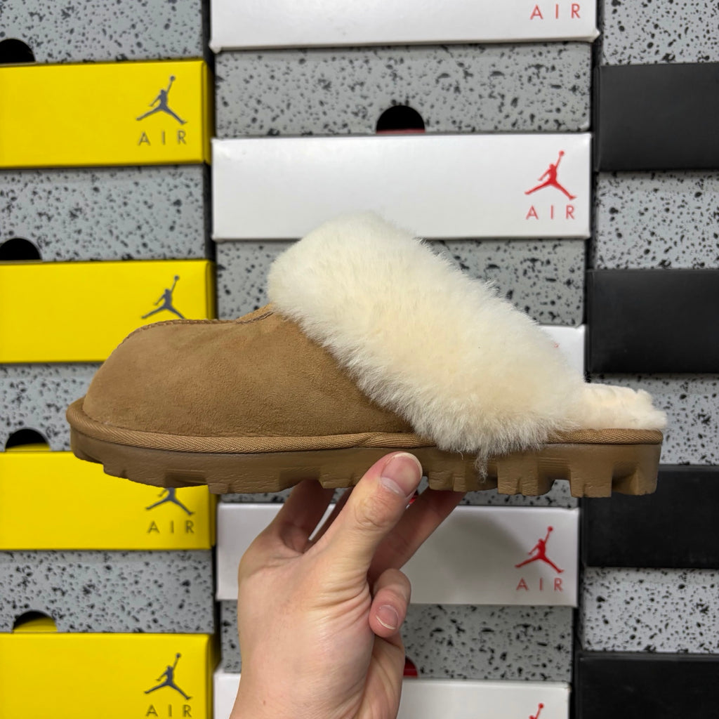 UGG Chestnut Mule Slippers with Cream Plush Collar and Notched Sole