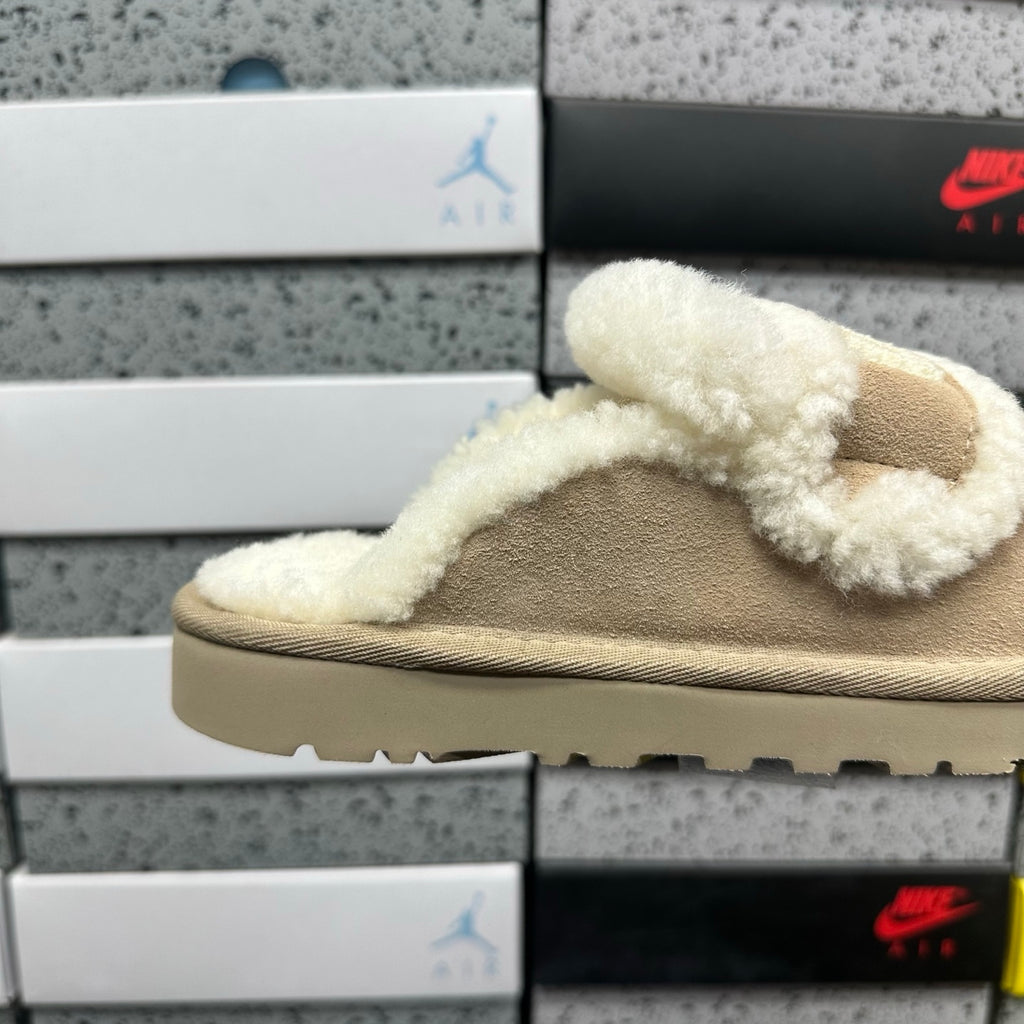 UGG Embroidered Mule Slippers in Khaki with Cream Plush Trim