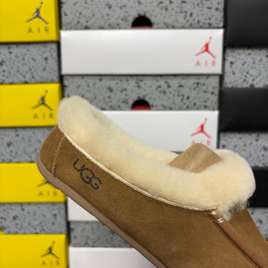 UGG Moccasin Slippers in Chestnut with Cream Plush Collar