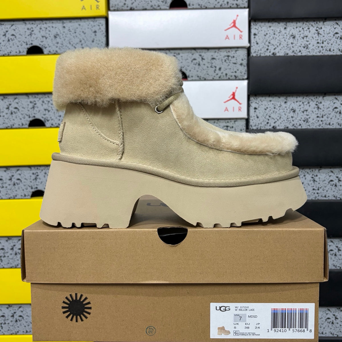UGG Platform Ankle Boots in Sand with Plush Cuff and Block Heel