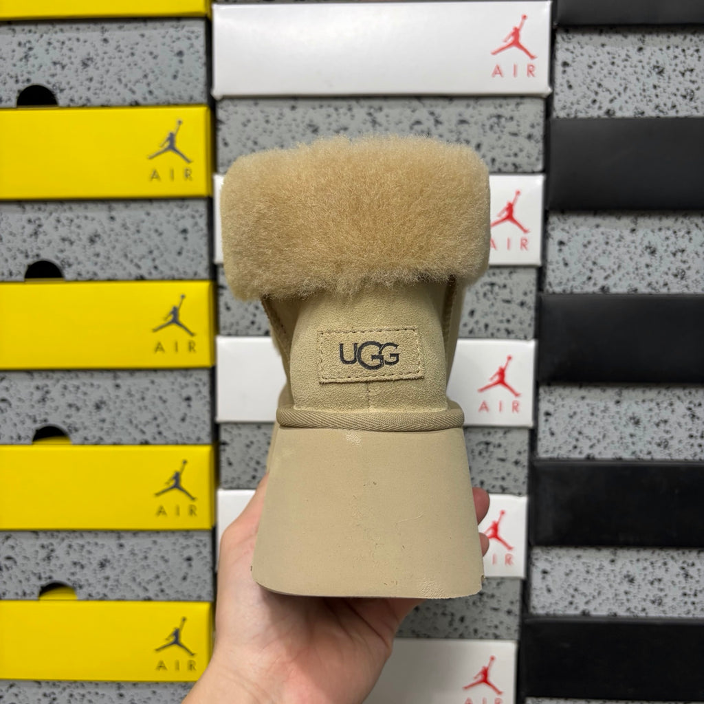 UGG Platform Ankle Boots in Sand with Plush Cuff and Block Heel