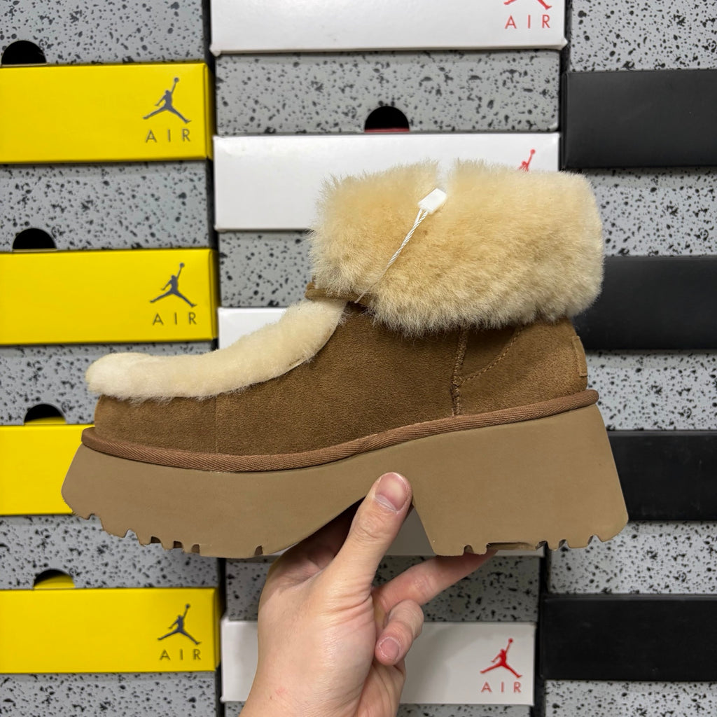 UGG Platform Slippers in Chestnut with Cream Plush Collar