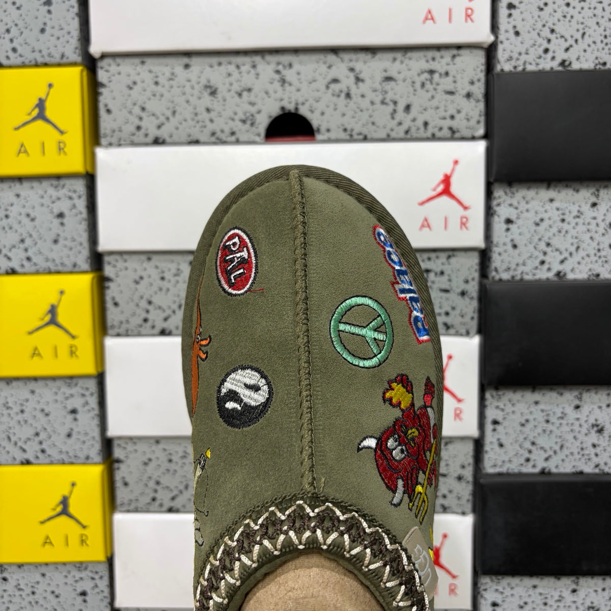 UGG Olive Green Slip-On Shoes with Colorful Cartoon Embroidery
