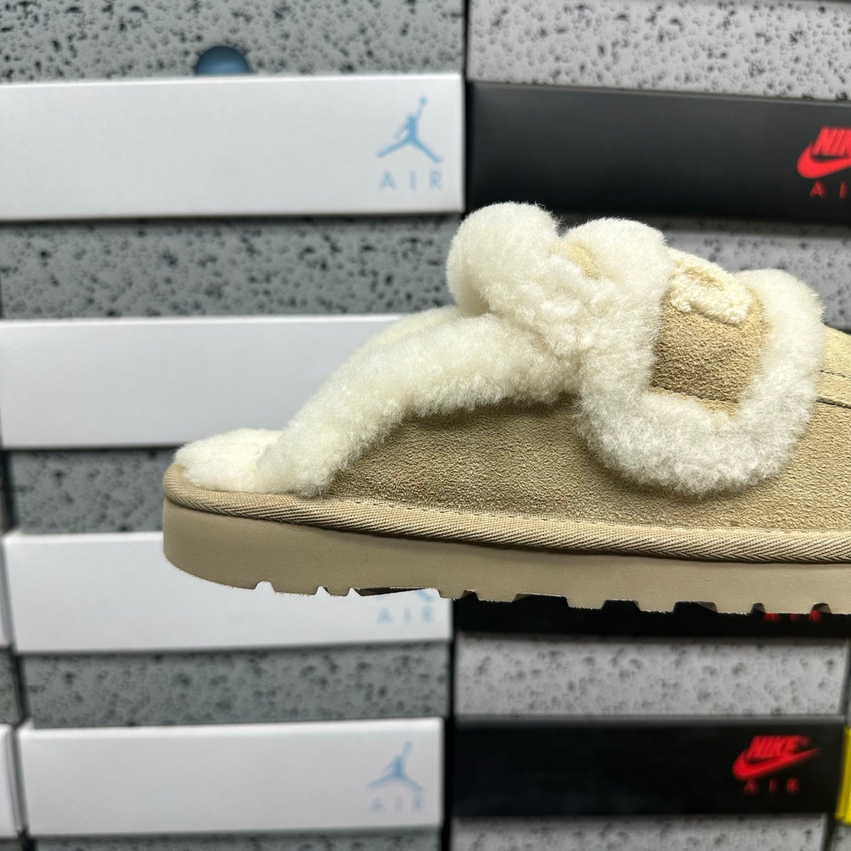 UGG Mule Slippers in Sand with Cream Plush Trim