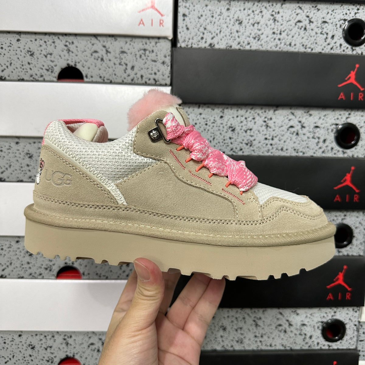 UGG Low-Cut Lace-Up Shoes in White and Pink with Chunky Sole