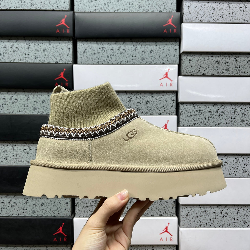 UGG Platform Ankle Boots in Mustard Seed with Ribbed Knit Collar