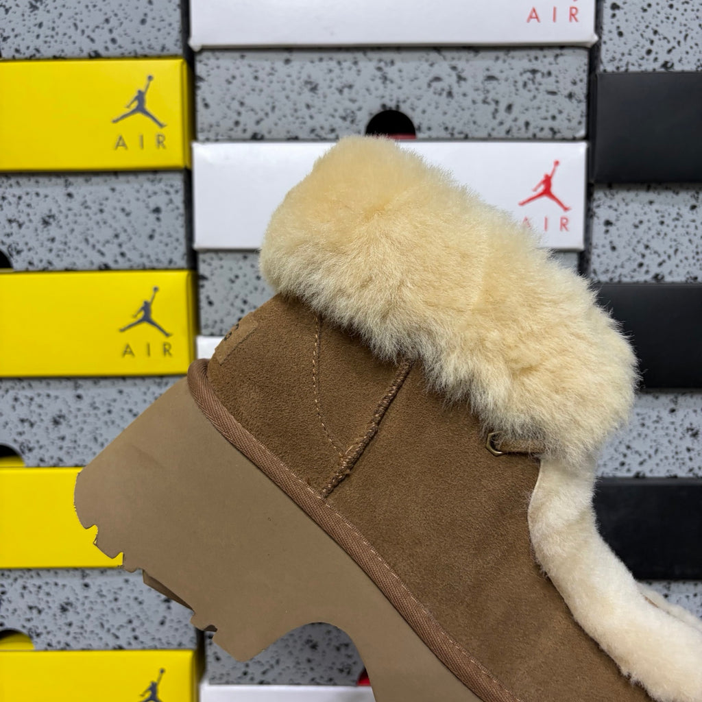 UGG Platform Slippers in Chestnut with Cream Plush Collar