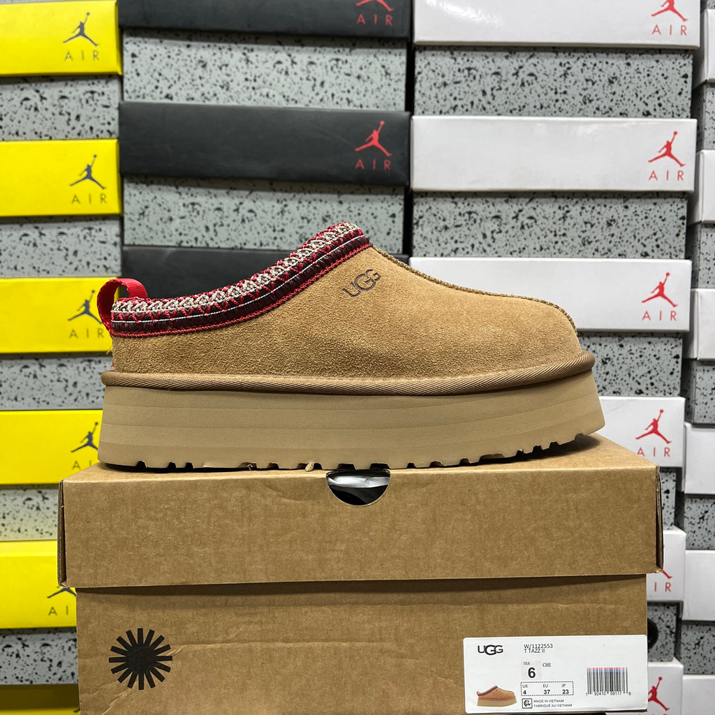 UGG Platform Slip-On Shoes in Chestnut with Red Stitched Trim