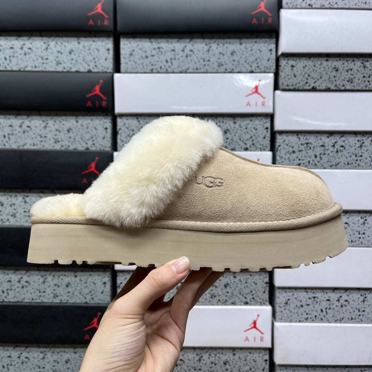 UGG Platform Slippers in Mustard Seed with Cream Plush Collar