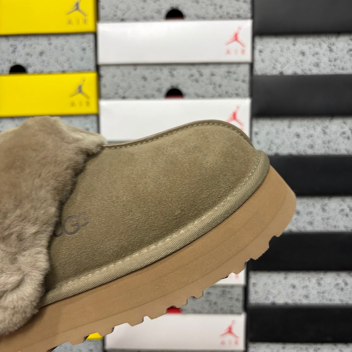 UGG Platform Slippers in Antelope Brown with Plush Collar