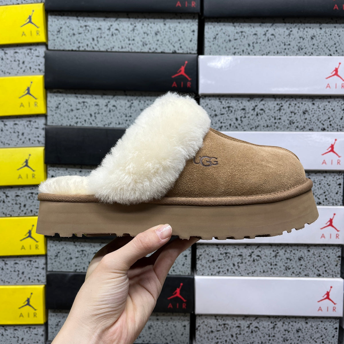 UGG Platform Slippers in Chestnut with Cream Plush Collar
