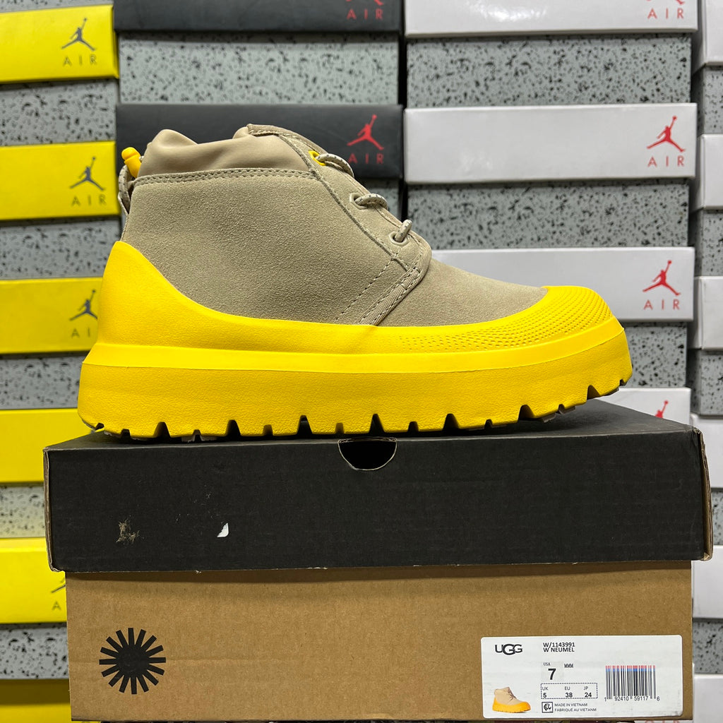 UGG Lace-Up Ankle Boots in Beige with Yellow Chunky Lug Sole