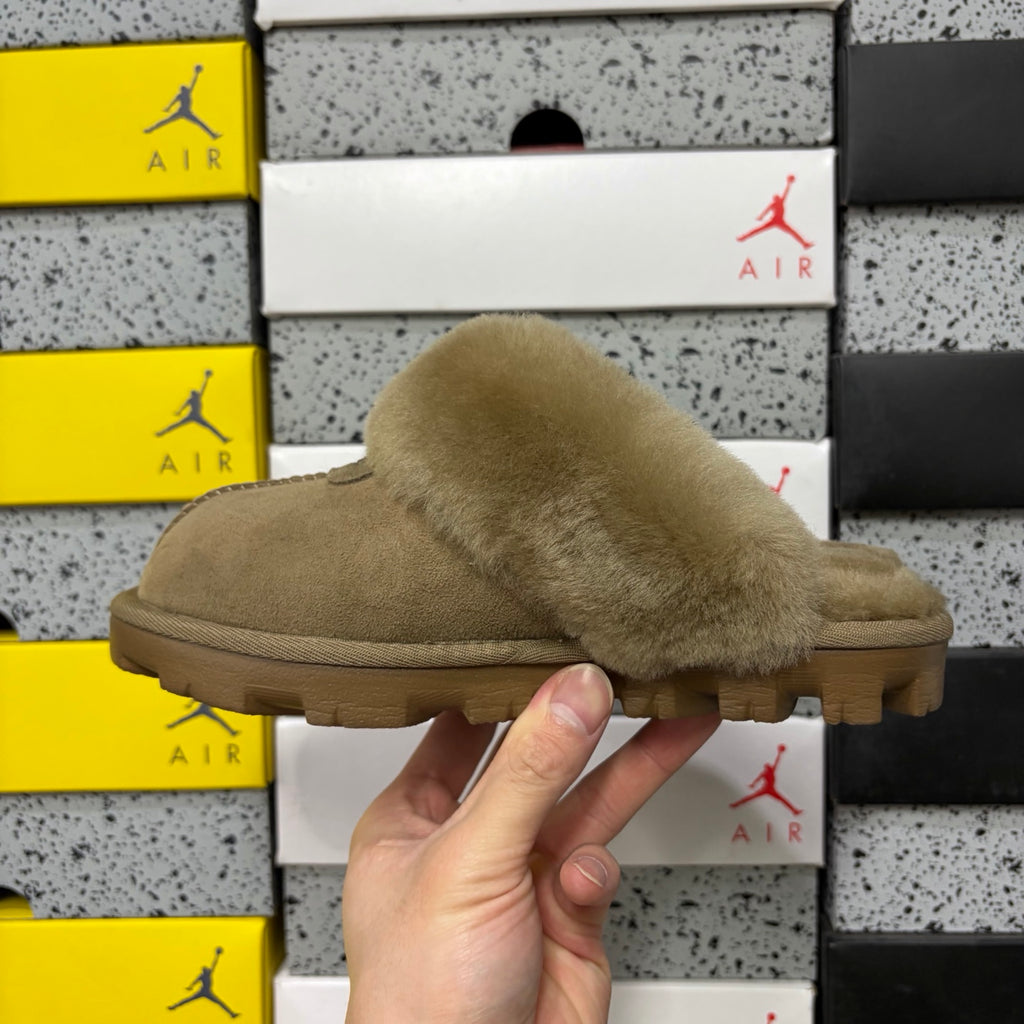 UGG Antelope Brown Mule Slippers with Plush Collar and Notched Sole