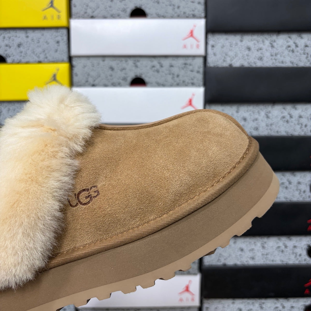 UGG Platform Slippers in Chestnut with Plush Collar
