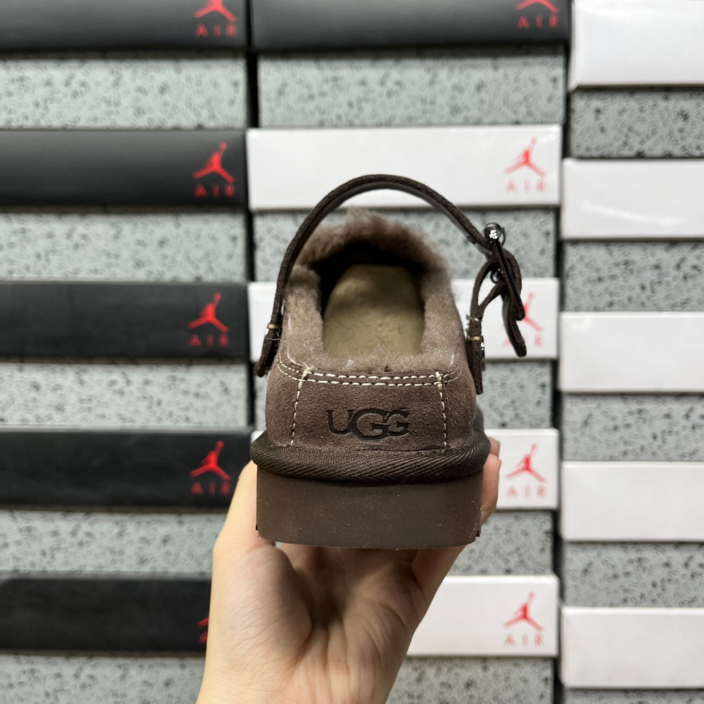 UGG Buckle-Strap Clogs in Dark Brown with Plush Lining