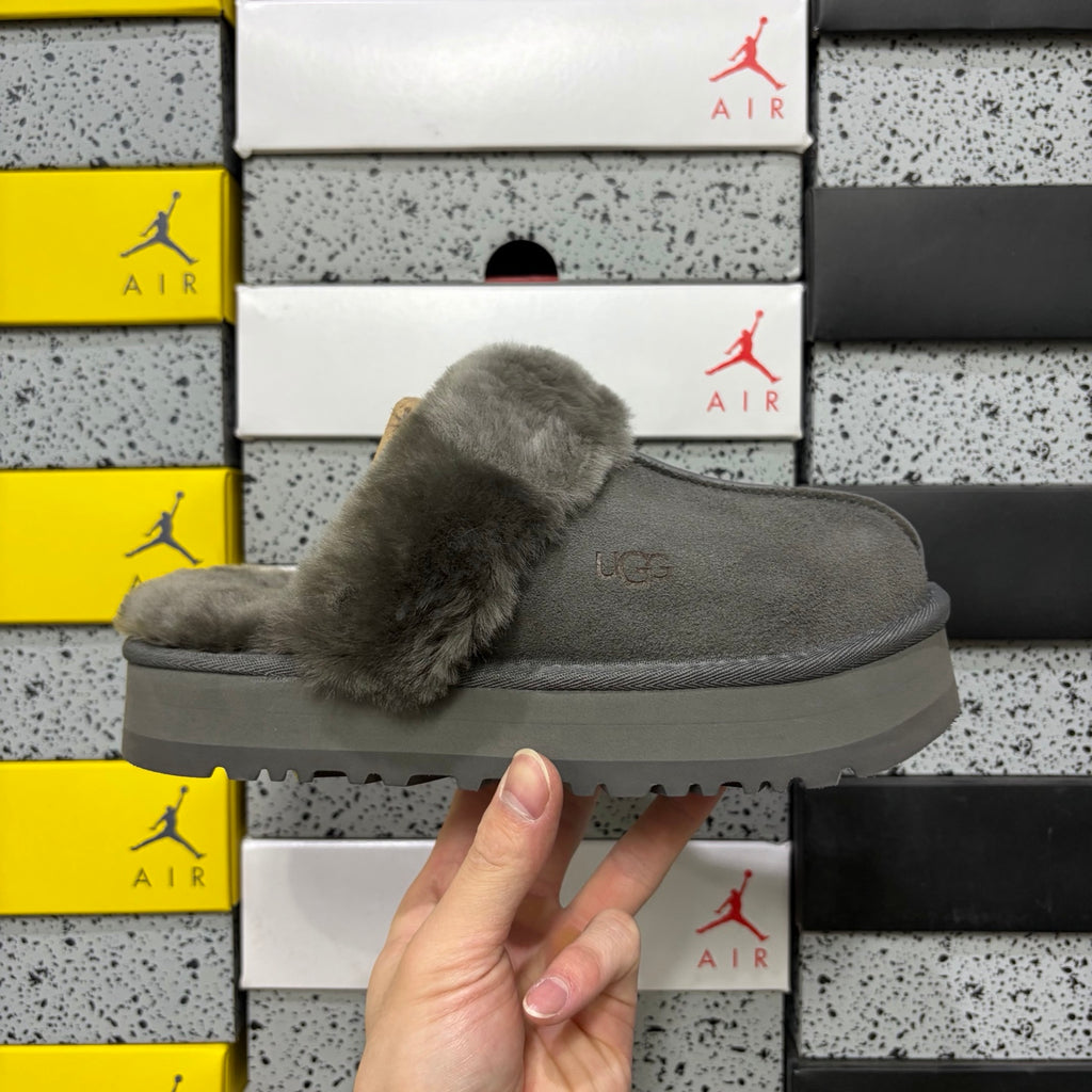 UGG Platform Slippers in Gray with Plush Collar