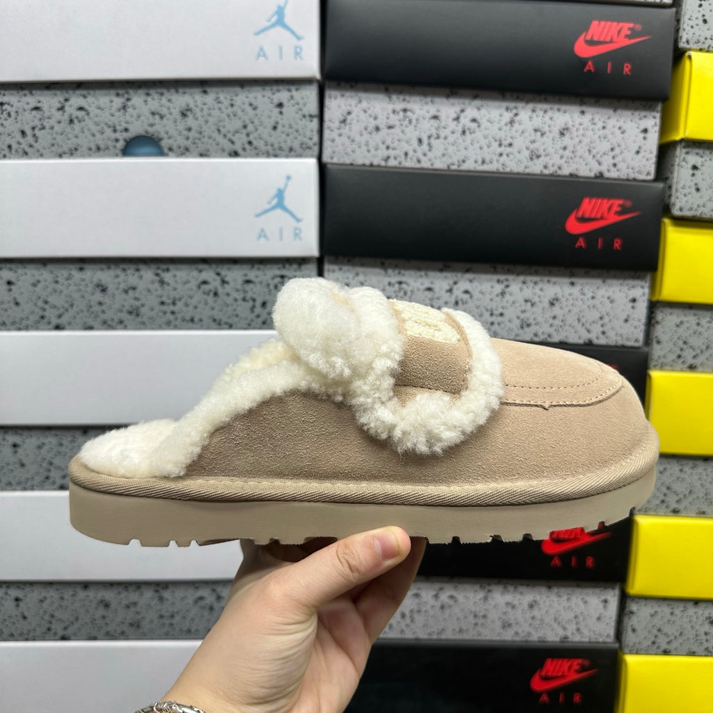 UGG Embroidered Mule Slippers in Khaki with Cream Plush Trim