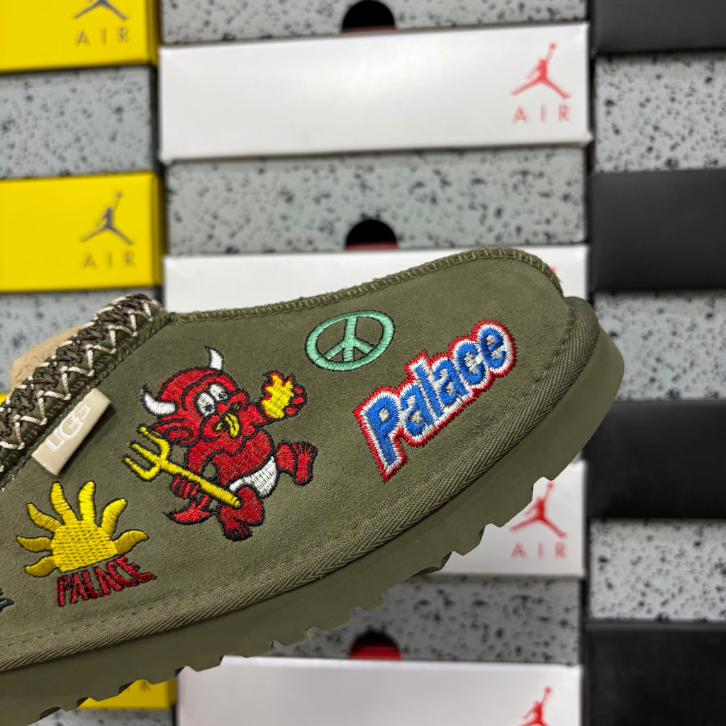 UGG Olive Green Slip-On Shoes with Colorful Cartoon Embroidery