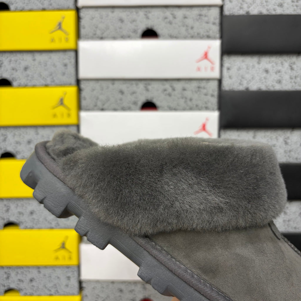 UGG Gray Mule Slippers with Plush Collar and Notched Sole