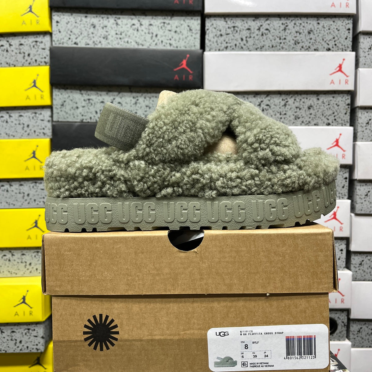 UGG Fluffy Platform Sandals in Green with Crossover Straps