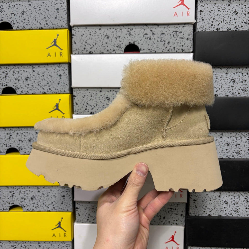 UGG Platform Ankle Boots in Sand with Plush Cuff and Block Heel