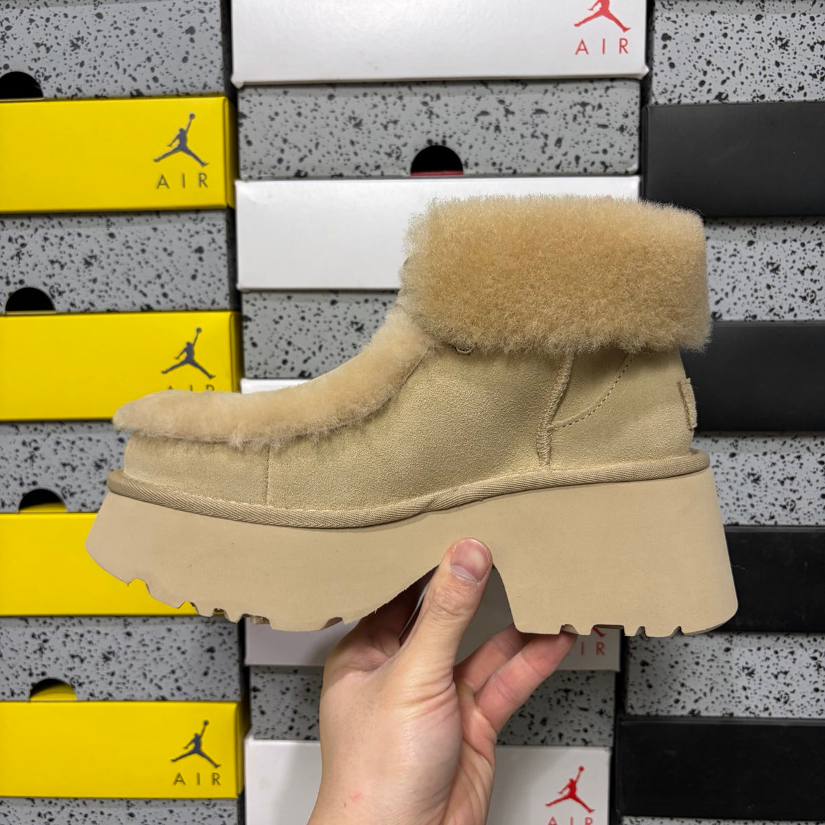 UGG Platform Ankle Boots in Sand with Plush Cuff and Block Heel