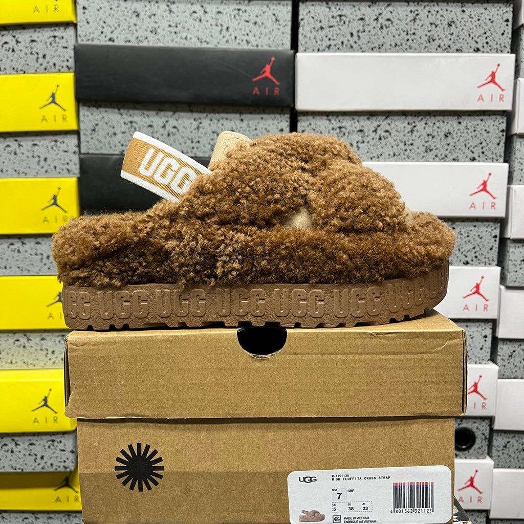 UGG Fluffy Platform Sandals in Chestnut with Crossover Straps