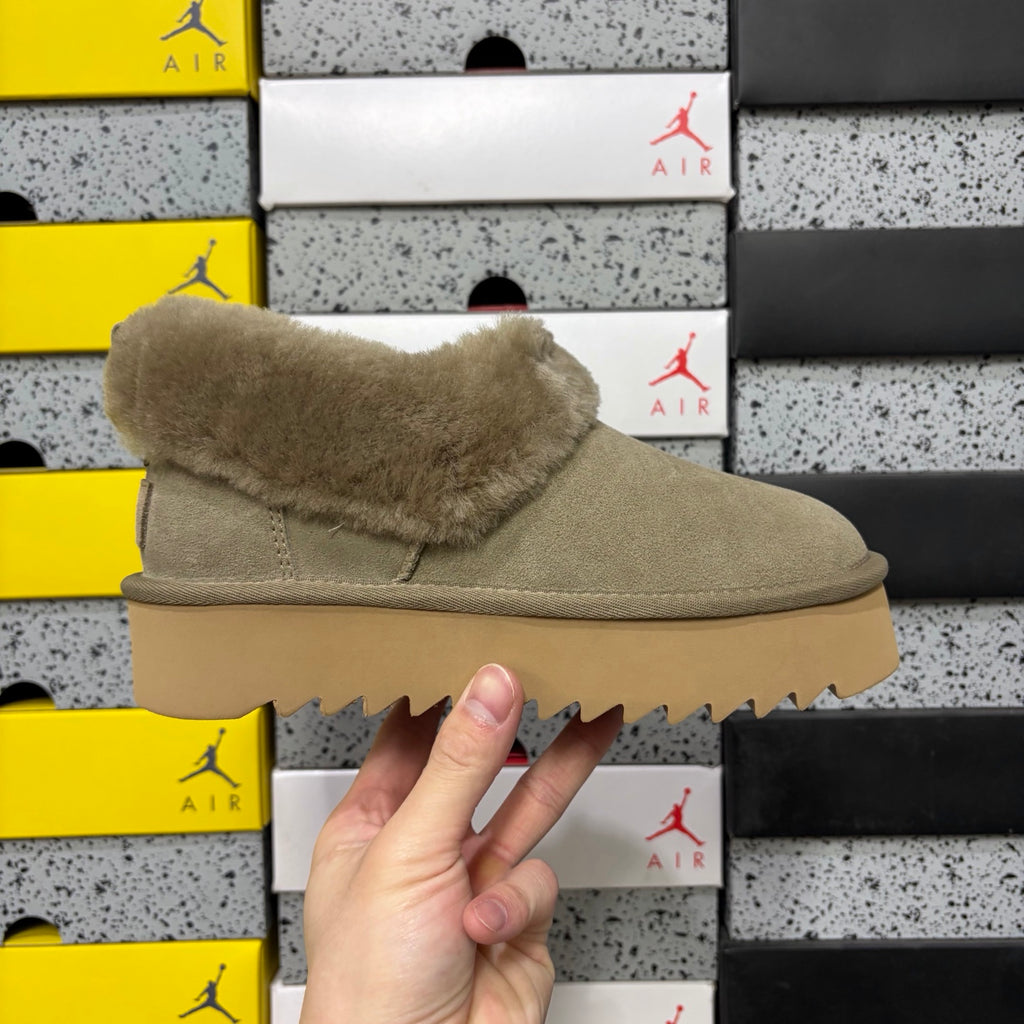 UGG Brown Platform Slip-On Shoes with Plush Collar