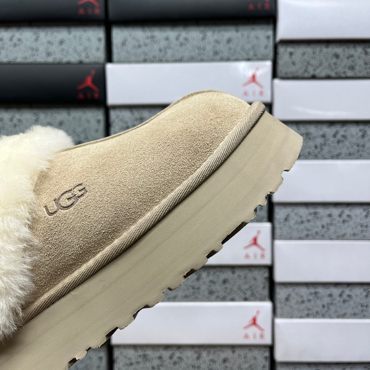 UGG Platform Slippers in Mustard Seed with Cream Plush Collar